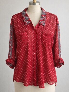 Free People Red Printed Button-Down Blouse with Contrast Trim